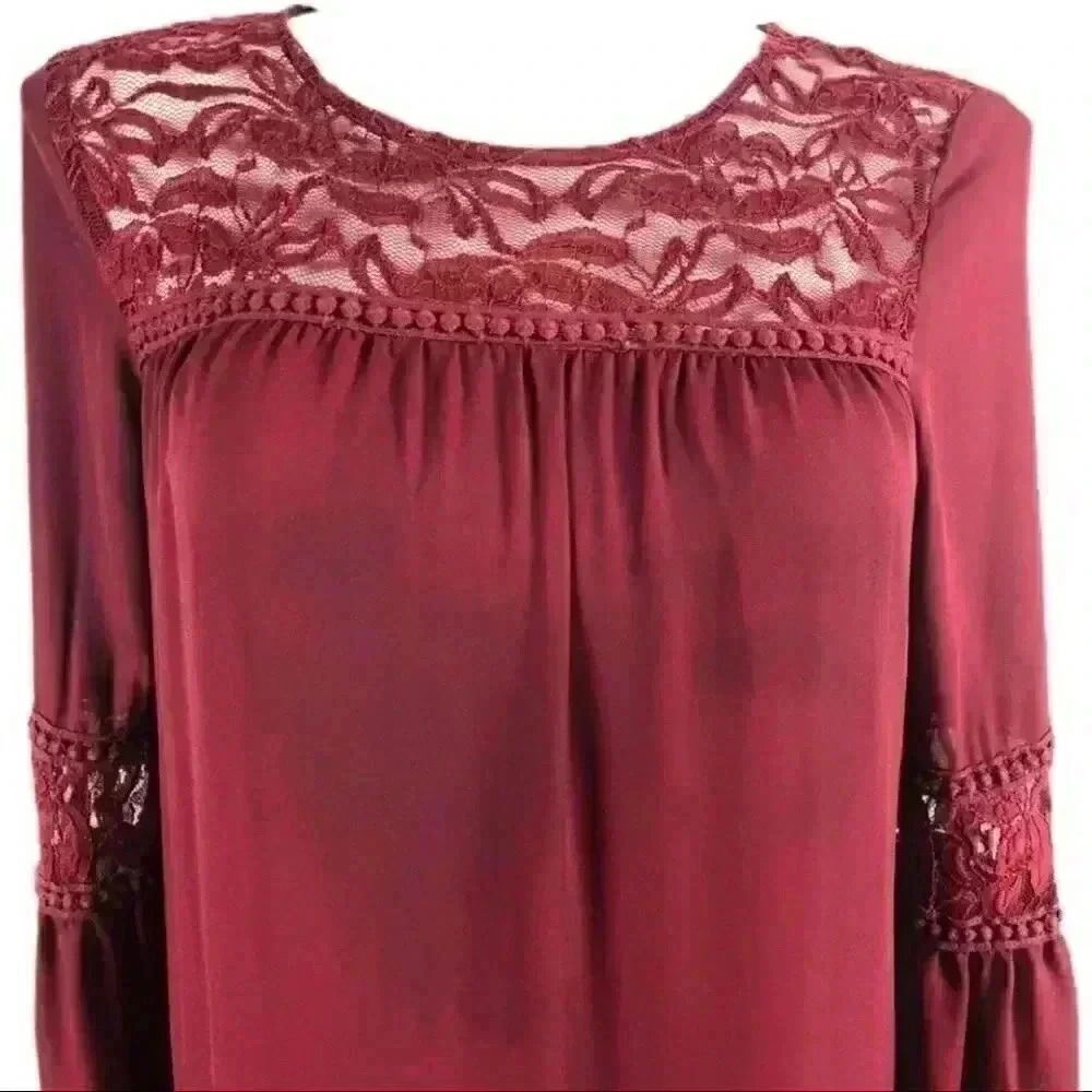 LUXOLOGY WOMEN'S MAROON LACE, ABOVE KNEE, LONG SLEEVE, LINED DRESS